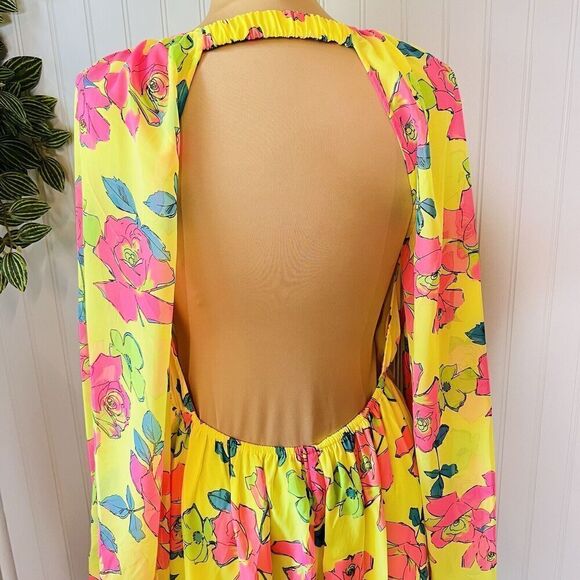 ASOS Design Sz 8 UK12 Soft Shirred Waist Open Back Maxi Dress Yellow Pink Floral - Picture 12 of 16